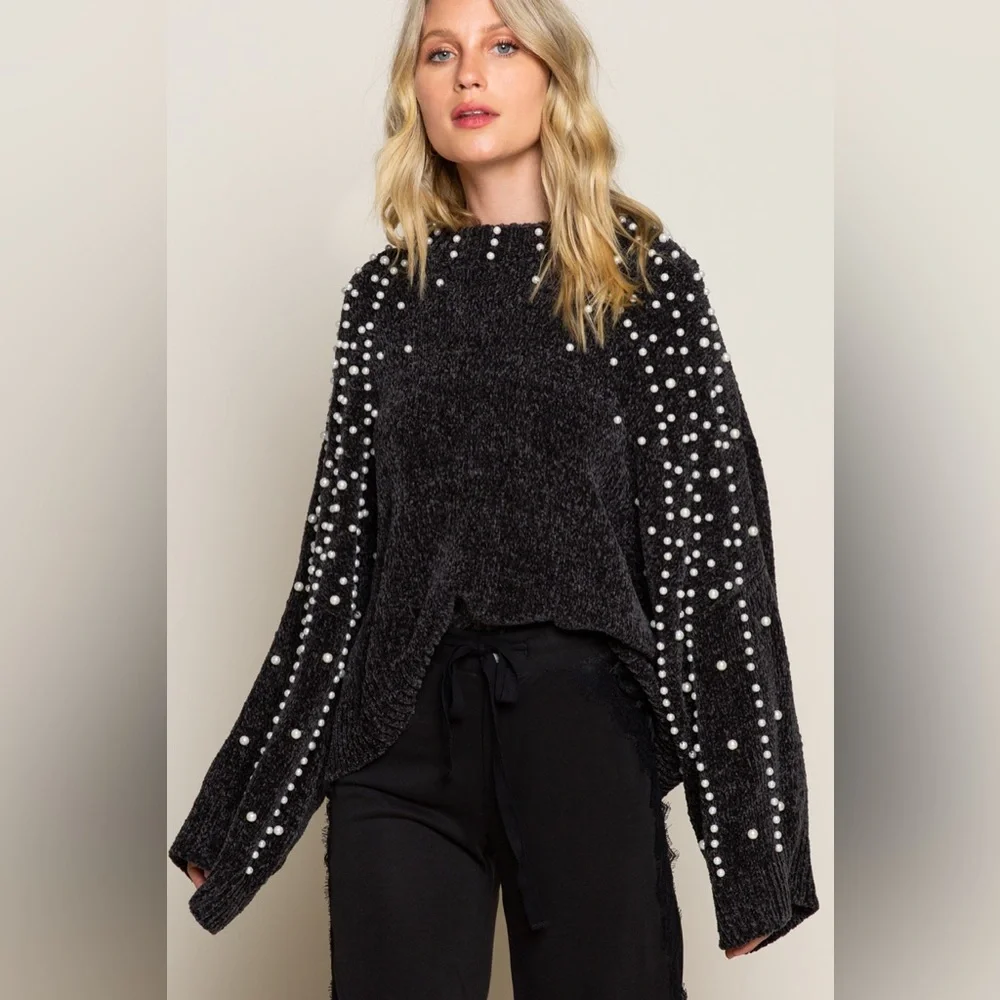 POL Black Pearl Embellished Chenille Sweater - S M L - Picture 3 of 6